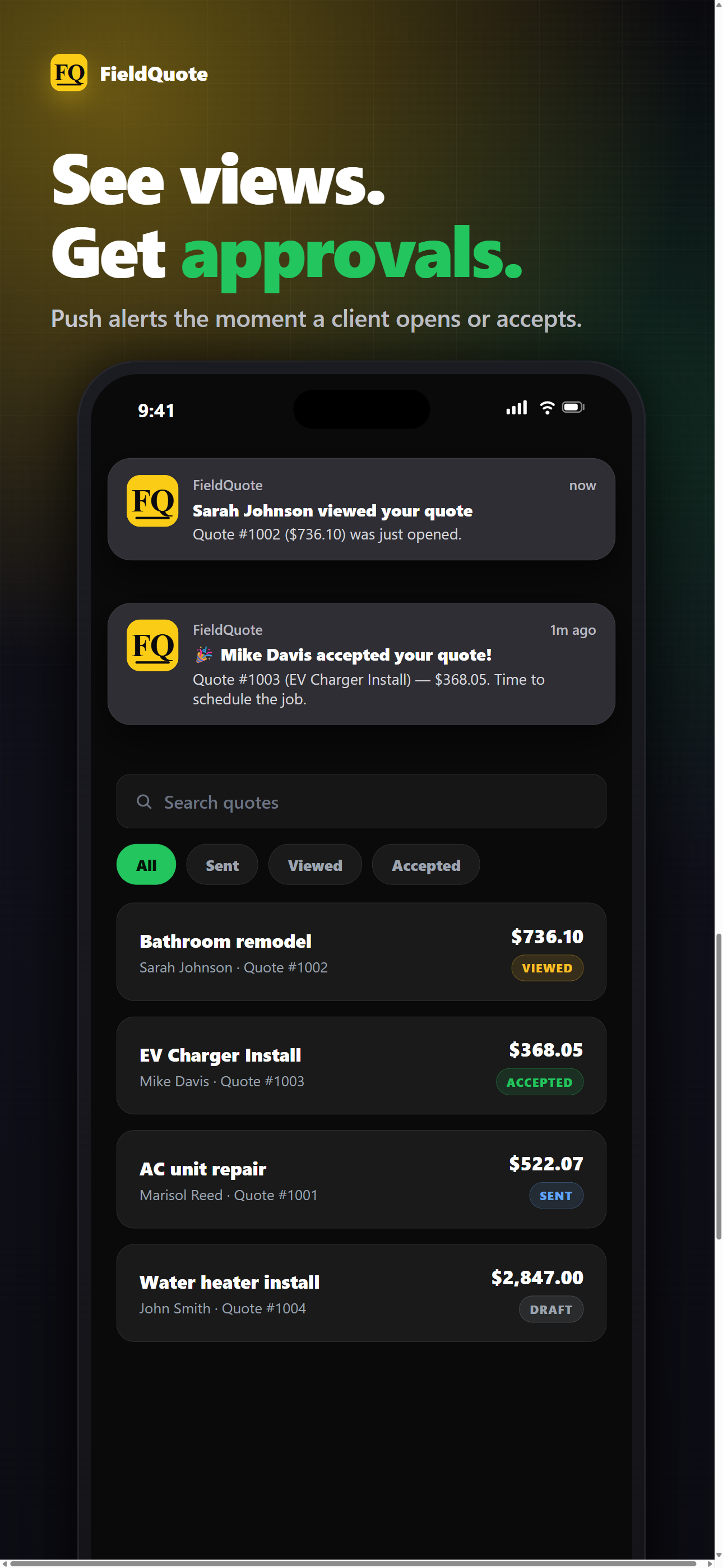FieldQuote client tracking screen with notifications when a client views and approves a quote