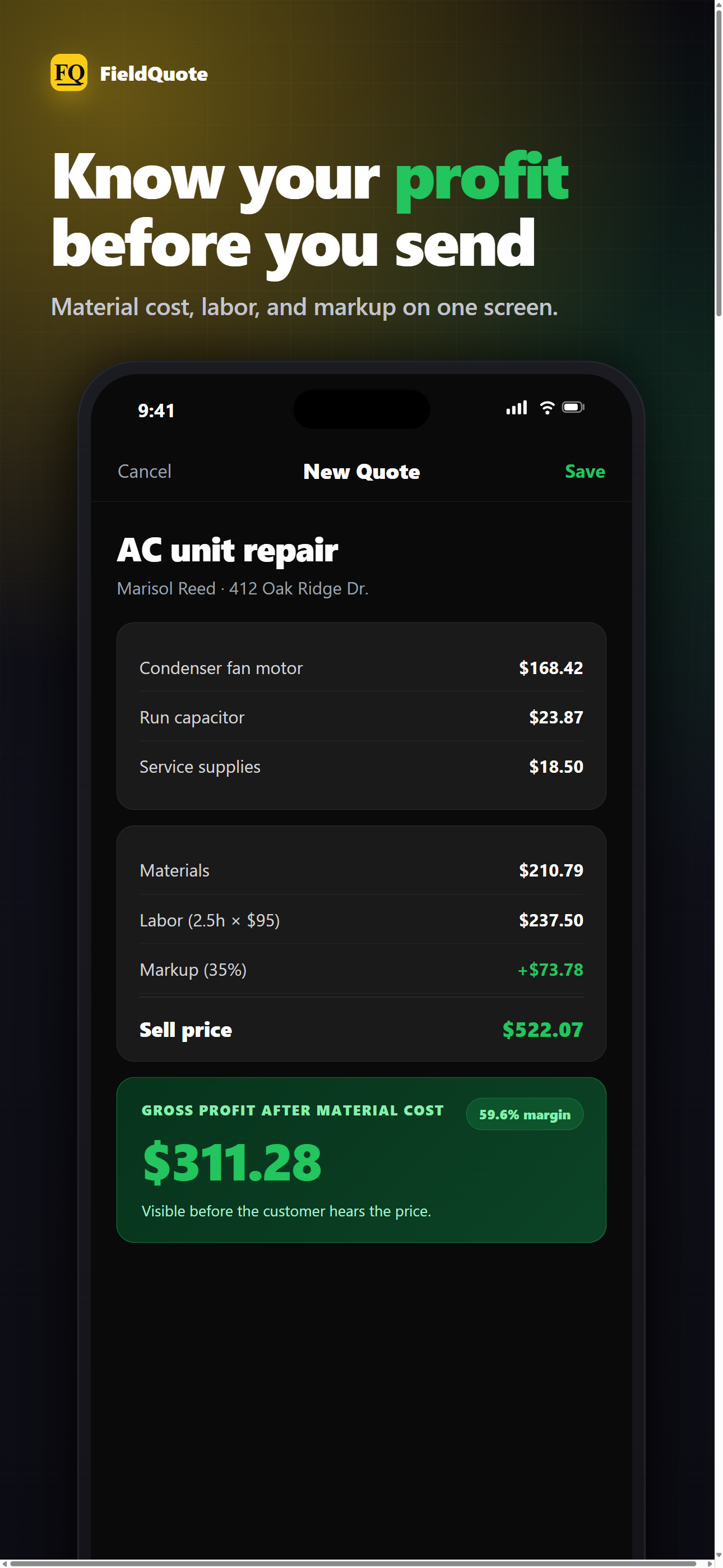FieldQuote profit check screen showing material cost, labor, markup, gross profit, and margin before sending a quote